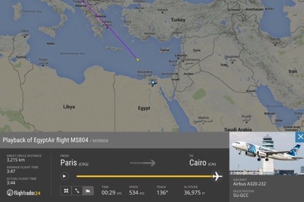 Flightradar24 опубликовал снимок местоположения лайнера EgyptAir в момент исчезновения