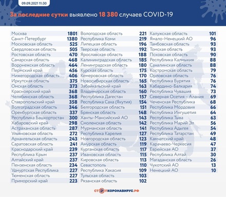 В России за сутки зафиксировано 18 380 случаев заражения коронавирусом