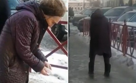 В центре Ярославля пенсионерка посыпала обледеневшие тротуары пищевой солью