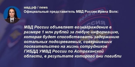 МВД России предложило 1 миллион рублей за информацию о подозреваемых в убийстве сотрудников