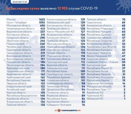 В России за сутки зафиксировано 12 953 случая заражения коронавирусом