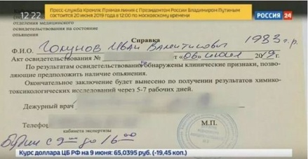 «Россия 24» сообщила об опьянении Голунова и показала справку об отсутствии опьянения