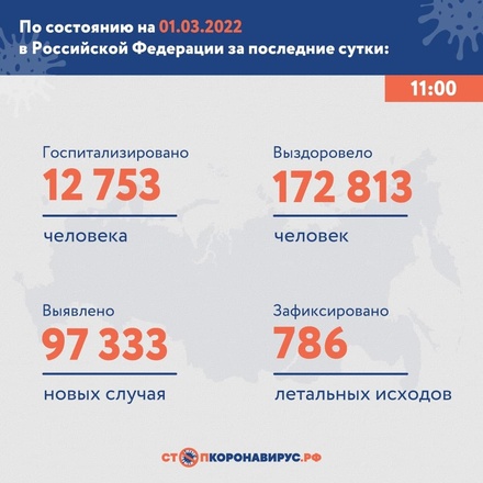 В России за сутки зафиксировано 97 333 случая заражения коронавирусом
