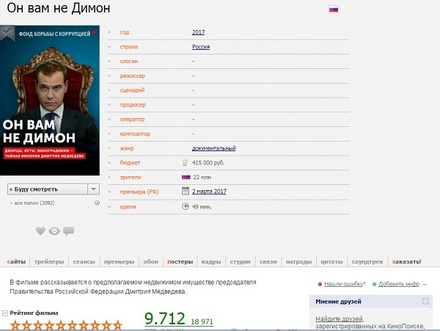 На «Кинопоиске» появилось посвящённое Дмитрию Медведеву расследование ФБК