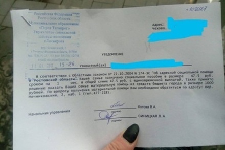 В Таганроге чиновники назначили многодетной семье пособие в размере 47,5 рубля